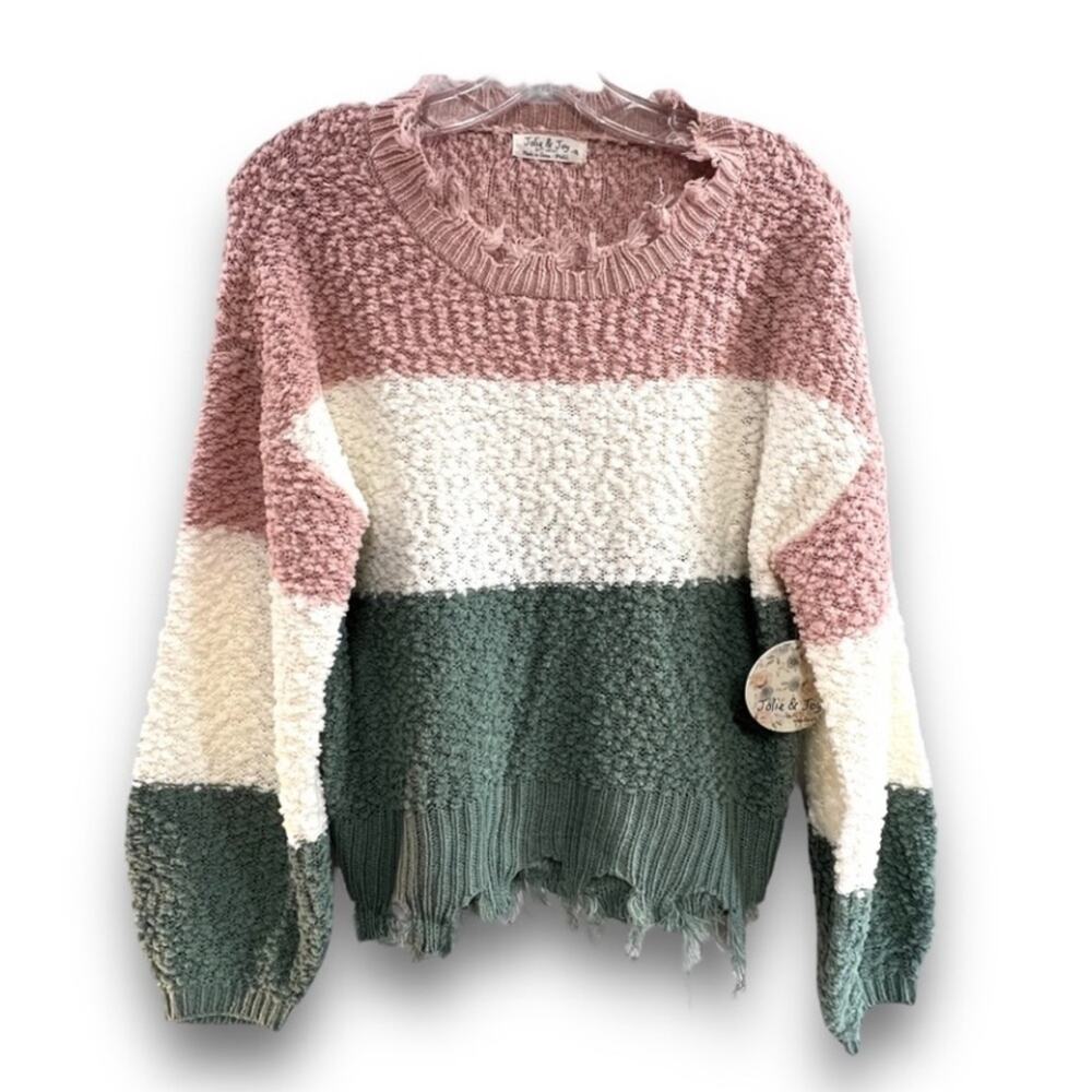 JOLIE & JOY Ragged edge sweater in Dusty Pink Ivory and Sage Green NWT SZ S